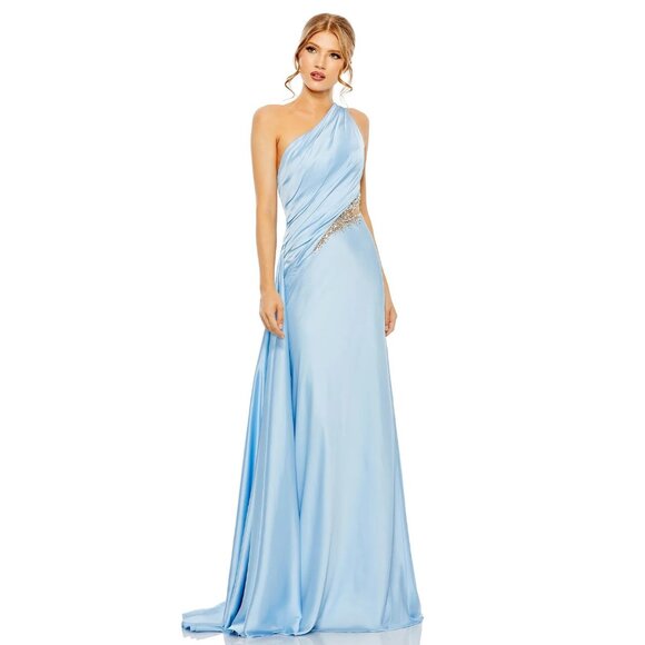 NWT Mac Duggal One Shoulder Charmeuse Gown with Embellishment Powder Blue #A0188 - Picture 1 of 11